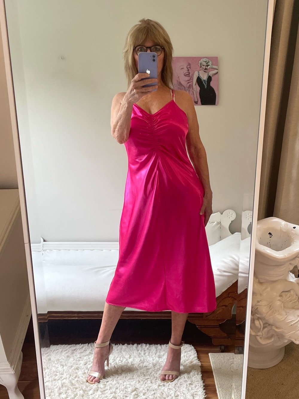 A NEW DAY VIBRANT HOT PINK SLIP DRESS SPAGHETTI STRAPS RUCHING SATINY OPEN FIT
